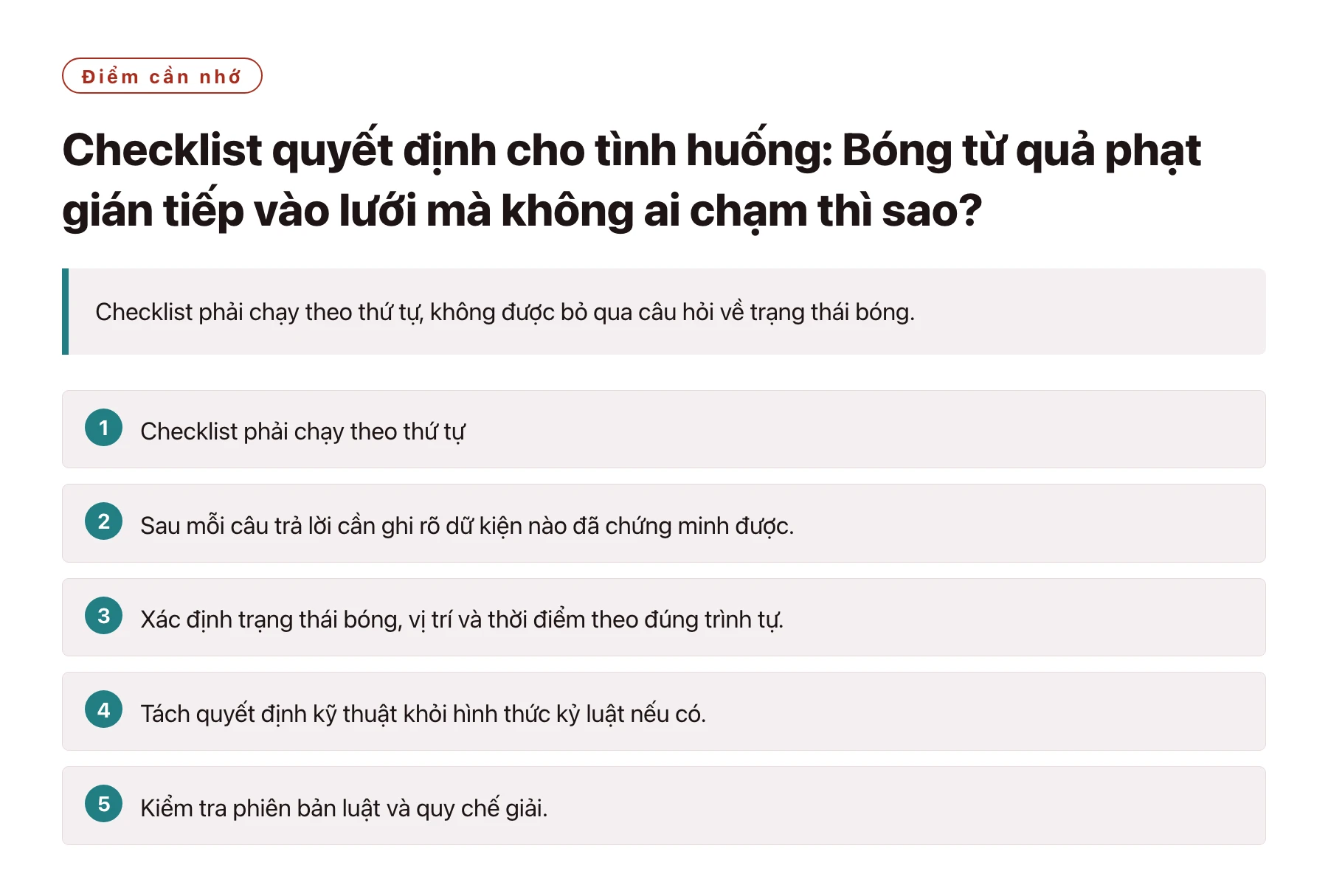 Checklist quyết định cho tình huống: Bóng từ quả phạt gián tiếp vào lưới mà không ai chạm thì sao?——全文要点速览